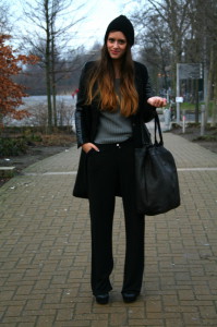 Outfit black grey+Jeffrey Campbell pixie wedges+River Island grey knitted sweater+black wide legged pants+black beanie hat+Romwe black coat leather sleeves